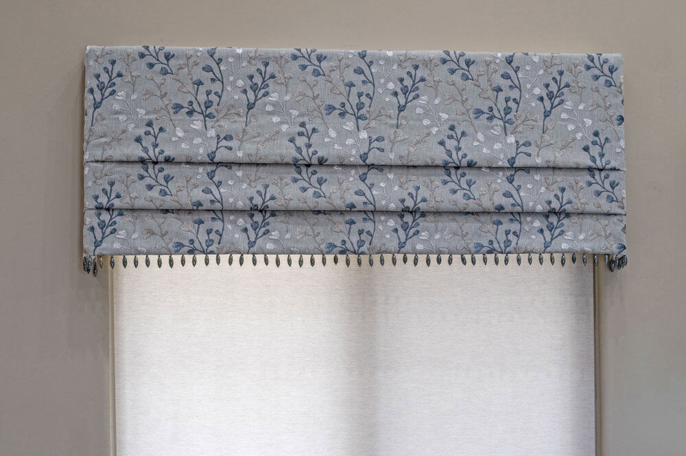 Faux Roman Valance Metallic Glass Bead Trim Roller Shade Front View - Grace Awards 2024 Nomination for Window Fashion