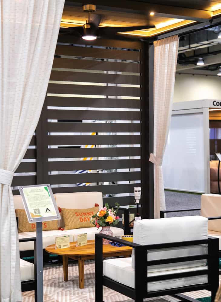 IWCE Outdoor Oasis Designers 2024 Trend Pavilion Design Winner Closeup Pergola Sheer Fabric and Furnishing Details