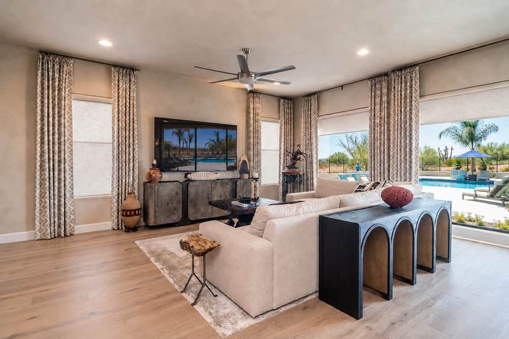 Modern Luxury Living Room with Beautiful Custom Patterned Drapery Panels - Trilogy Verde Rivers