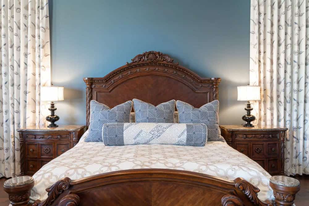 Traditional Custom Bedding with Patterned Custom Fabric Pillows and Coordinating Drapery Panels