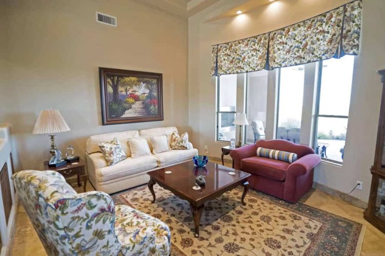 Living Room with Traditional Custom Fabric Chair Pillows and Valance Angled View – Cave Creek Living Room with Traditional Custom Fabric Chair Pillows and Valance Angled View - Cave Creek